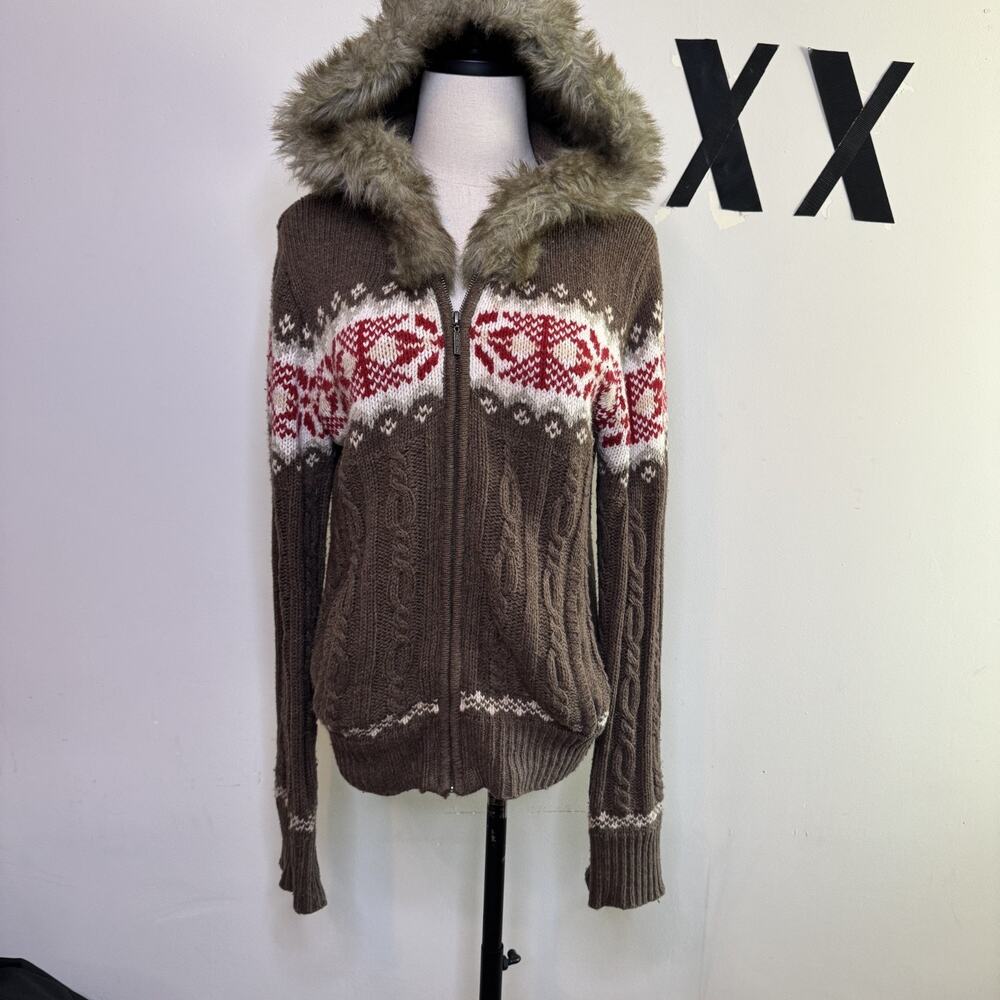 RARE Y2K Aeropostale Faux Fur Lined Zip Up Hooded Sweater Hoodie Fair Isle L